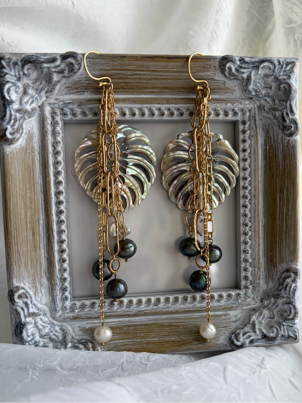 Carved Iridescent Shell Monsterra Leaf with Pearl Drops Dangle Earrings